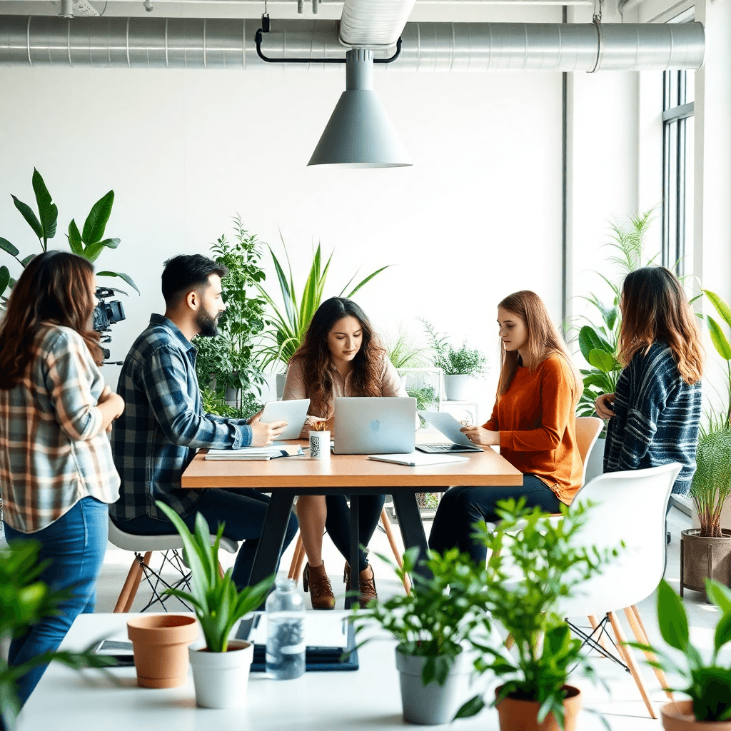 diverse team of video creators brainstorming creative ideas in bright modern office with plants and natural lighting